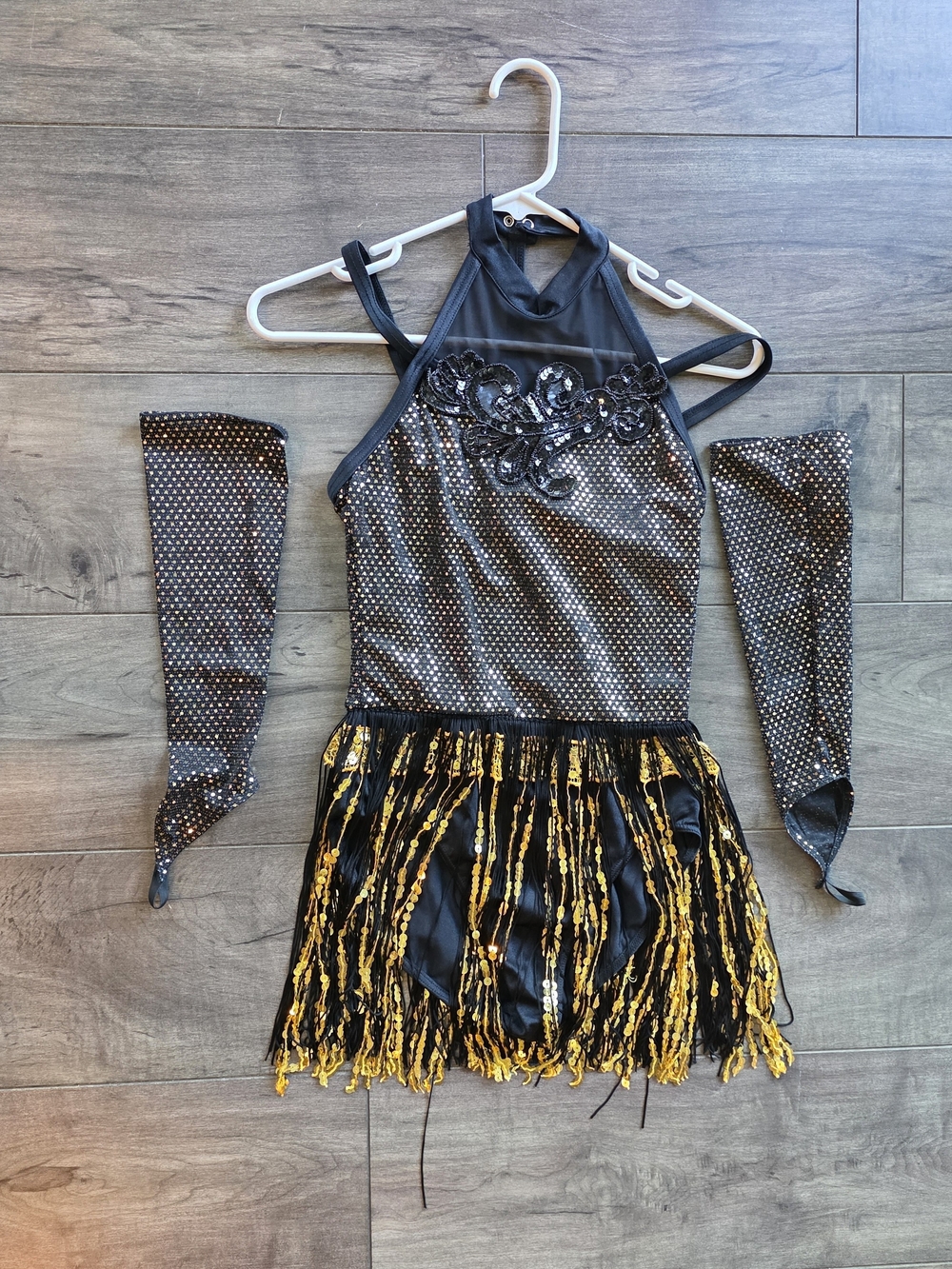 Jazz Dance Costume - Black and Gold Fringe with Arm Sleeves (SA)